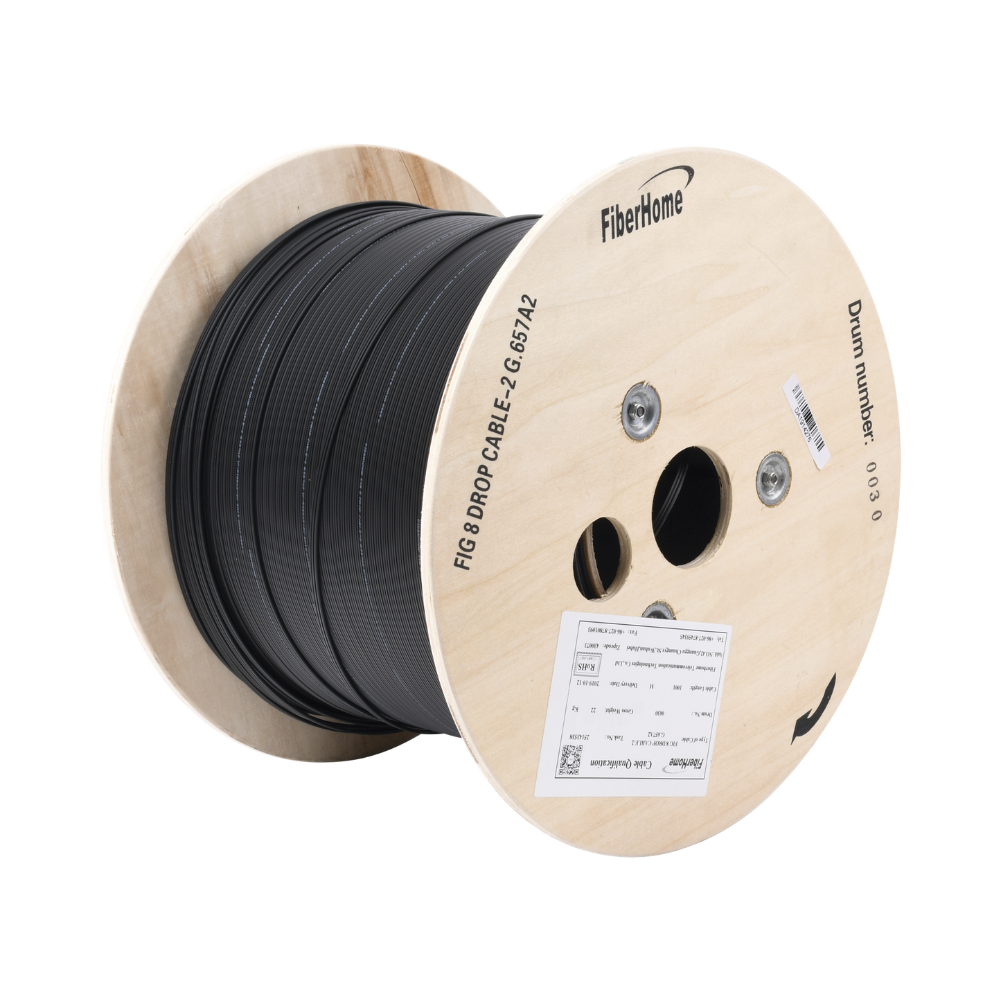 Carrete de 1 km de Fibra Óptica Aérea Mini Figura 8 G.657A2 tipo Drop, Monomodo de 2 Hilos (bifibra), Diseñada para Fusionarse, Color Negro, Span 80, (No Soporta Conectores Mecánicos)