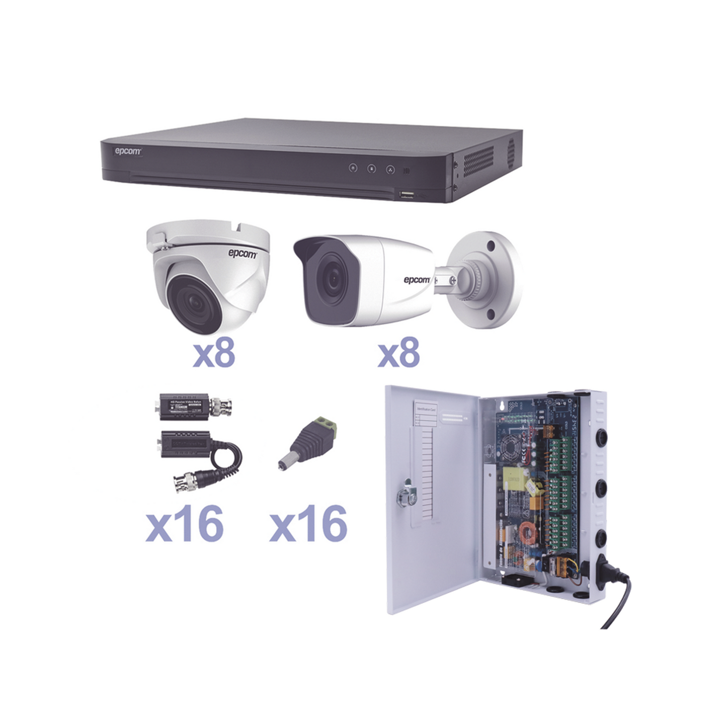 KIT TurboHD 1080p / DVR 16 Canales / 8 Cámaras Bala (exterior 2.8 mm) / 8 Cámaras Eyeball (exterior 2.8 mm) / Transceptores / Conectores / Fuente de Poder Profesional