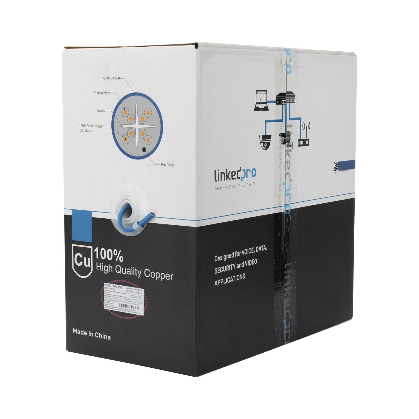 Bobina de cable de 305 metros Cat6+, CMR, CALIBRE 23 ALTO RENDIMIENTO, ETL,UL, color azul, super flexible, para aplicaciones de video vigilancia, video HD, y redes de datos. Uso interior.