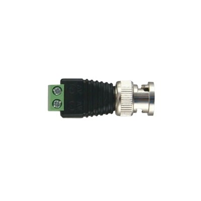 Adaptador de conector BNC macho a 2 terminales-tornillo para cables AWG-26-14, en aplicaciones Video Vigilancia, Níquel/ Oro/ PTFE y PVC.