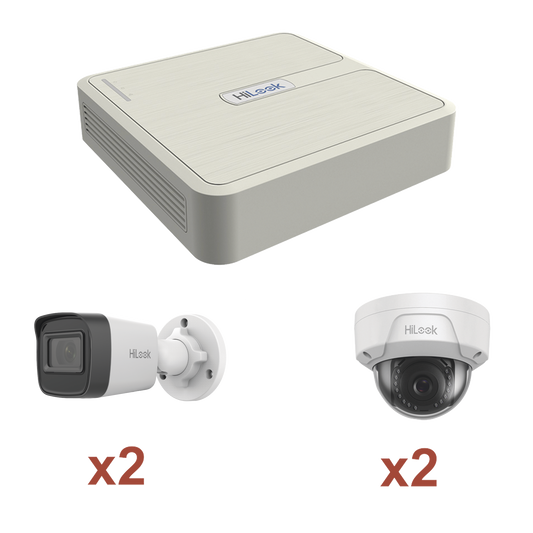 Kit IP 1080p (2 Megapixel) / NVR de 4 Canales con 4 Puertos PoE / 2 Cámaras IP Bala para Exterior con microfono y Dual light / 2 Cámaras IP Domo para Exterior