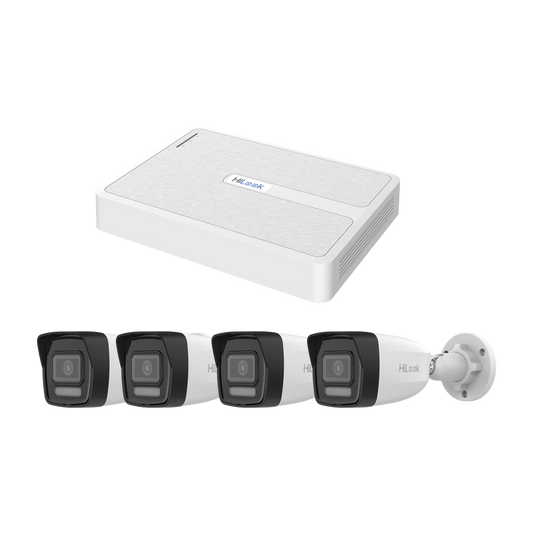 Kit IP 2 Megapixel / NVR de 8 Canales con 8 Puertos PoE / 4 Cámaras IP Bala Dual light para Exterior / Micrófono Integrado