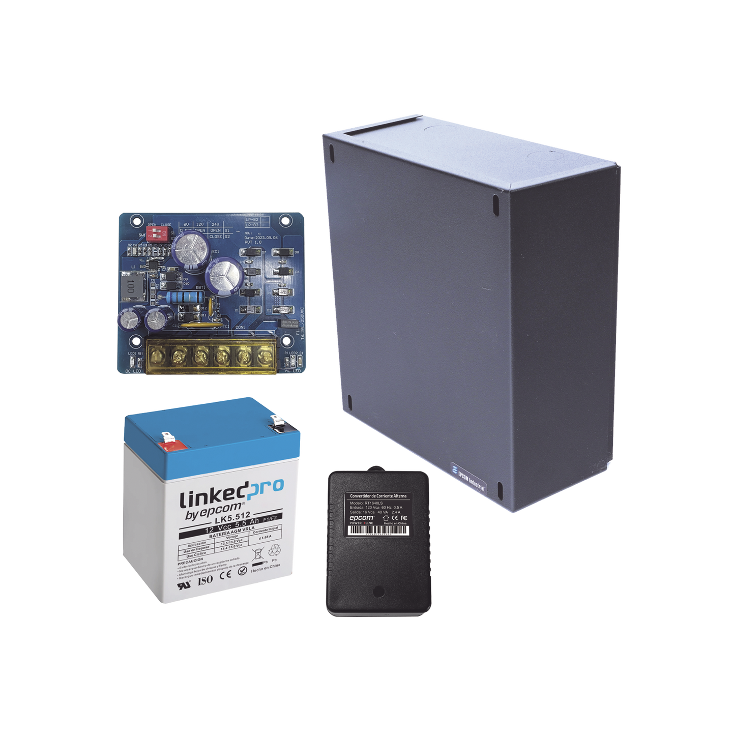 Kit con fuente PLB2 con salida de 12 Vcc a 1.5 Amper, incluye transformador y batería de 12 V a 5.5 Amper