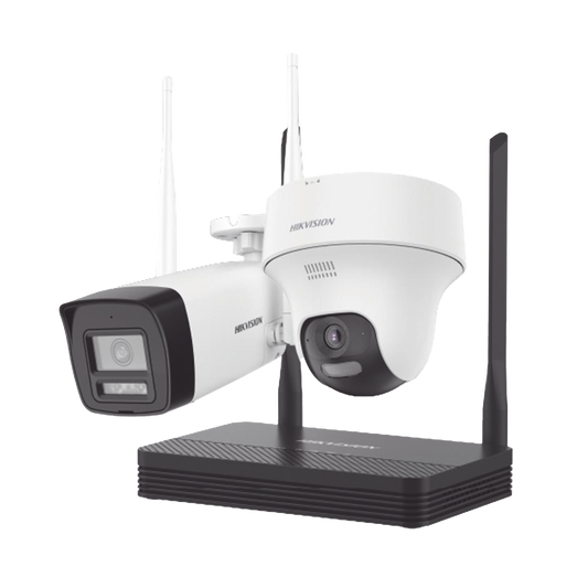 Kit IP Inalámbrico 4 Megapixel / NVS 4 Canales / 1 Cámara Bala Exterior + 1 Cámara Turret Interior con Lente 2.8 mm y Dual Light / Audio Bidireccional (Micrófono y Bocina) / Soporta Micro SD de 512 GB