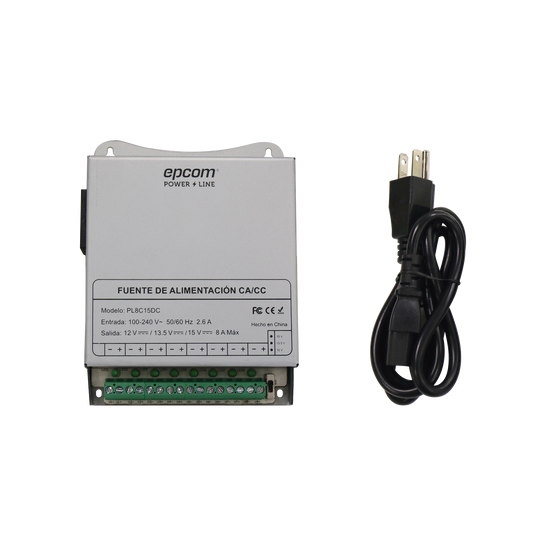 Fuente de Poder Metálica / Para 8 Cámaras / Ajustables a 12 o 13.5 o 15 Vcc / 8 Amperes / Instalación en Pared.