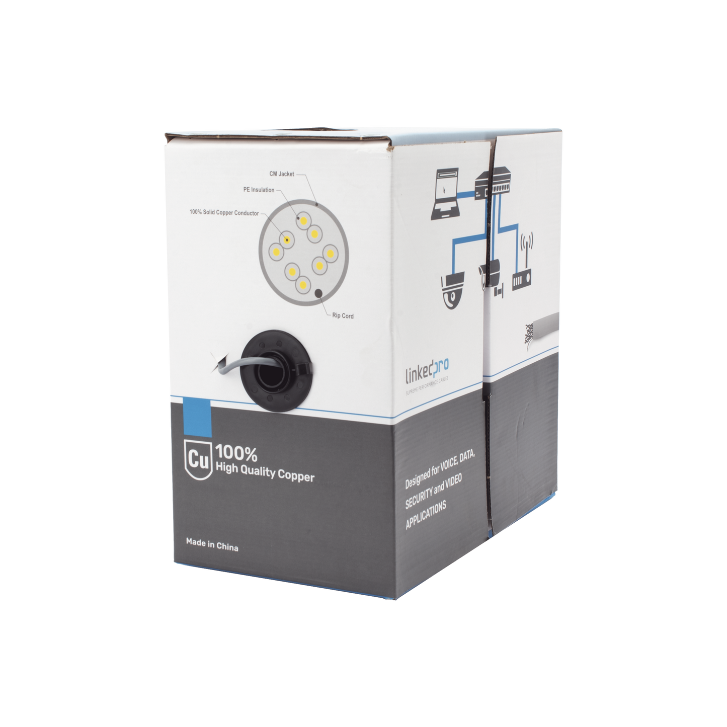 Bobina de cable de 305 m, ( 1000 ft ), Cat5e, alto desempeño, de color Gris, UL, para aplicaciones en video vigilancia, redes de datos. Uso Interior