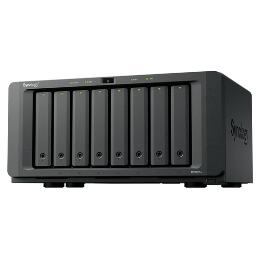 NAS DiskStation DS1825+ | 8 Bahías | AMD Ryzen V1500B | 8 GB DDR4 ECC | Hasta 2,239 MB/s Lectura | 2 Puertos 2.5GbE | Expansión PCIe 3.0 | Compatible con 10GbE y 25GbE | Caché SSD M.2 | Synology DSM.